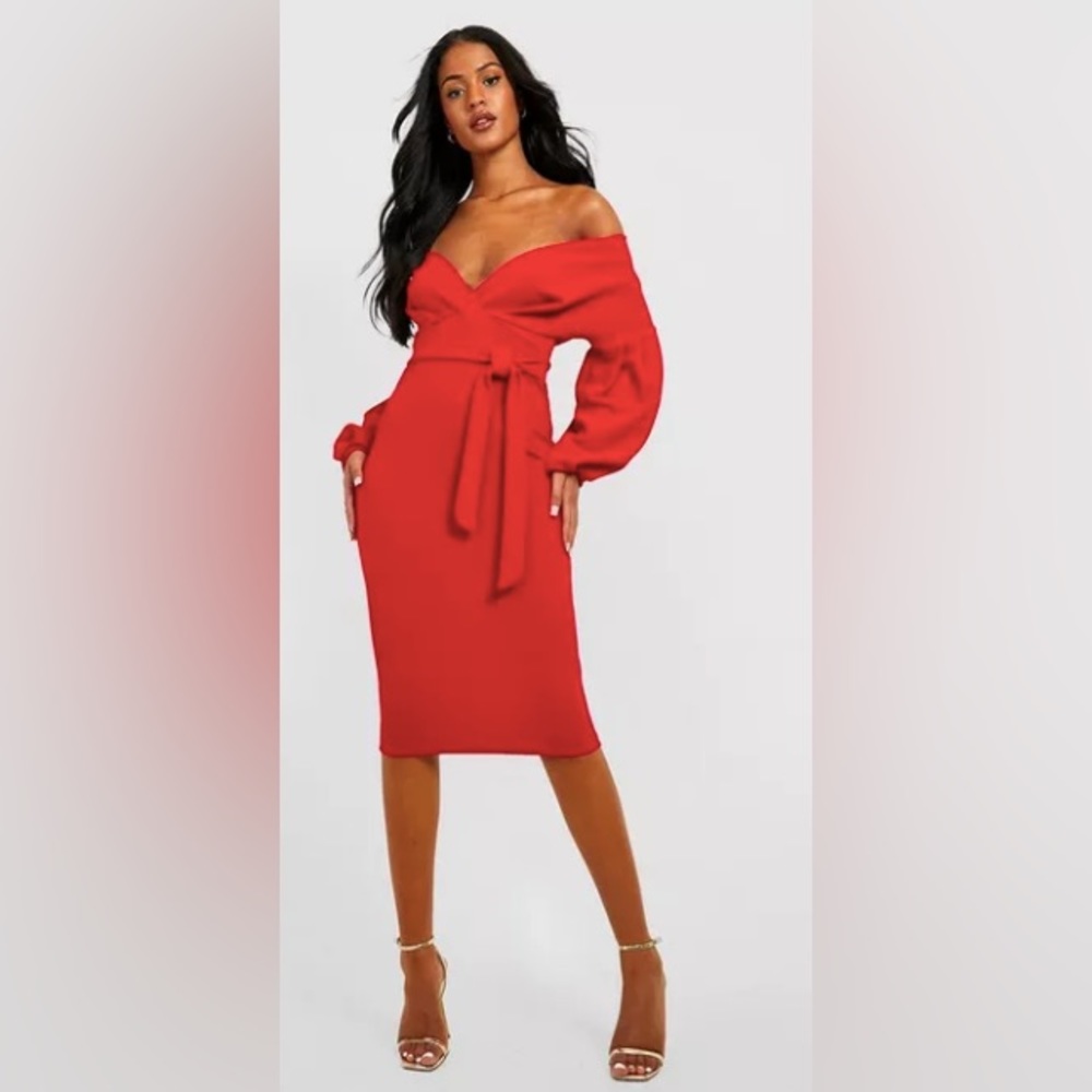 Boohoo red midi dress.